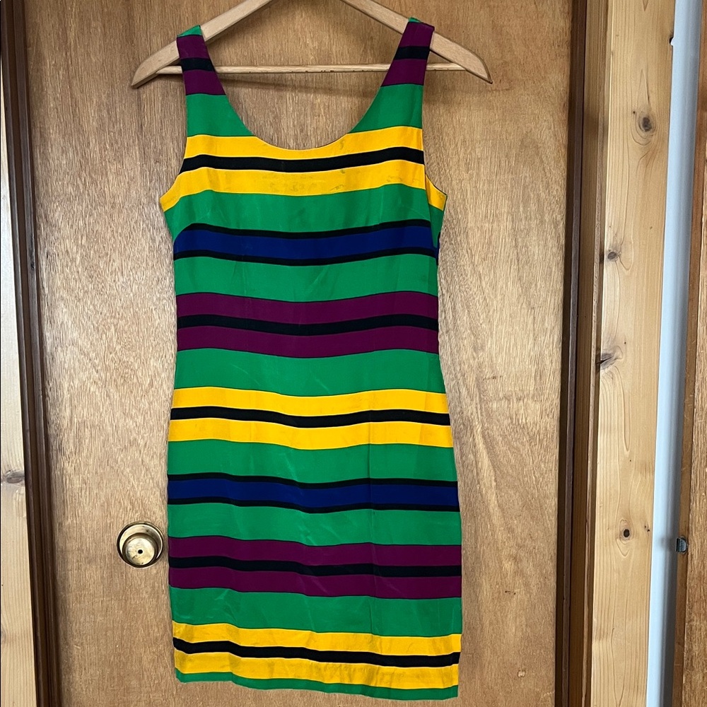 Vintage Tracy M 100% Silk Striped Sheath Dress | Jewel Tone | Size M